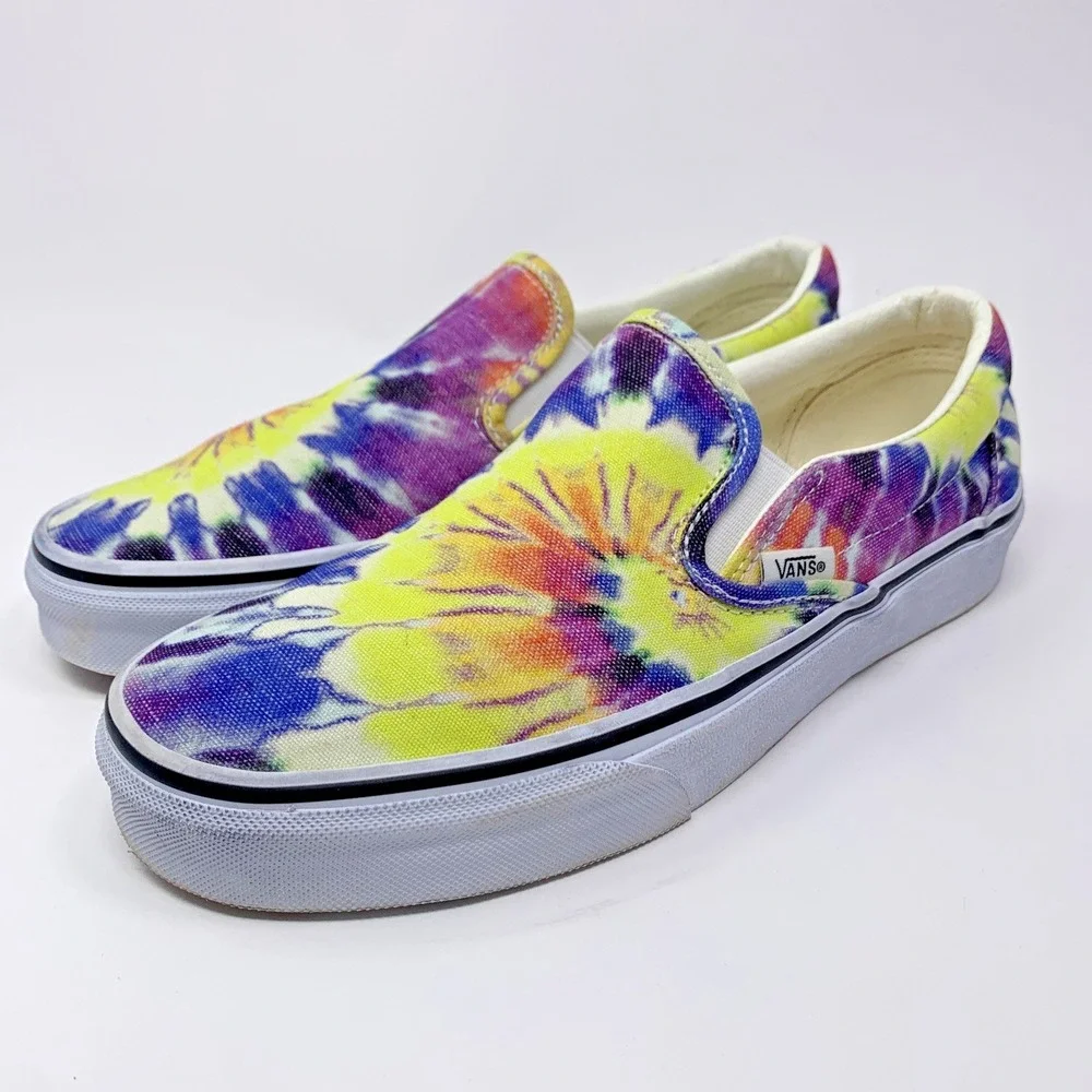 Vans Purple Yellow Tie Dye Slip On Skate Shoes Womens Size 8 Distressed Sneakers
